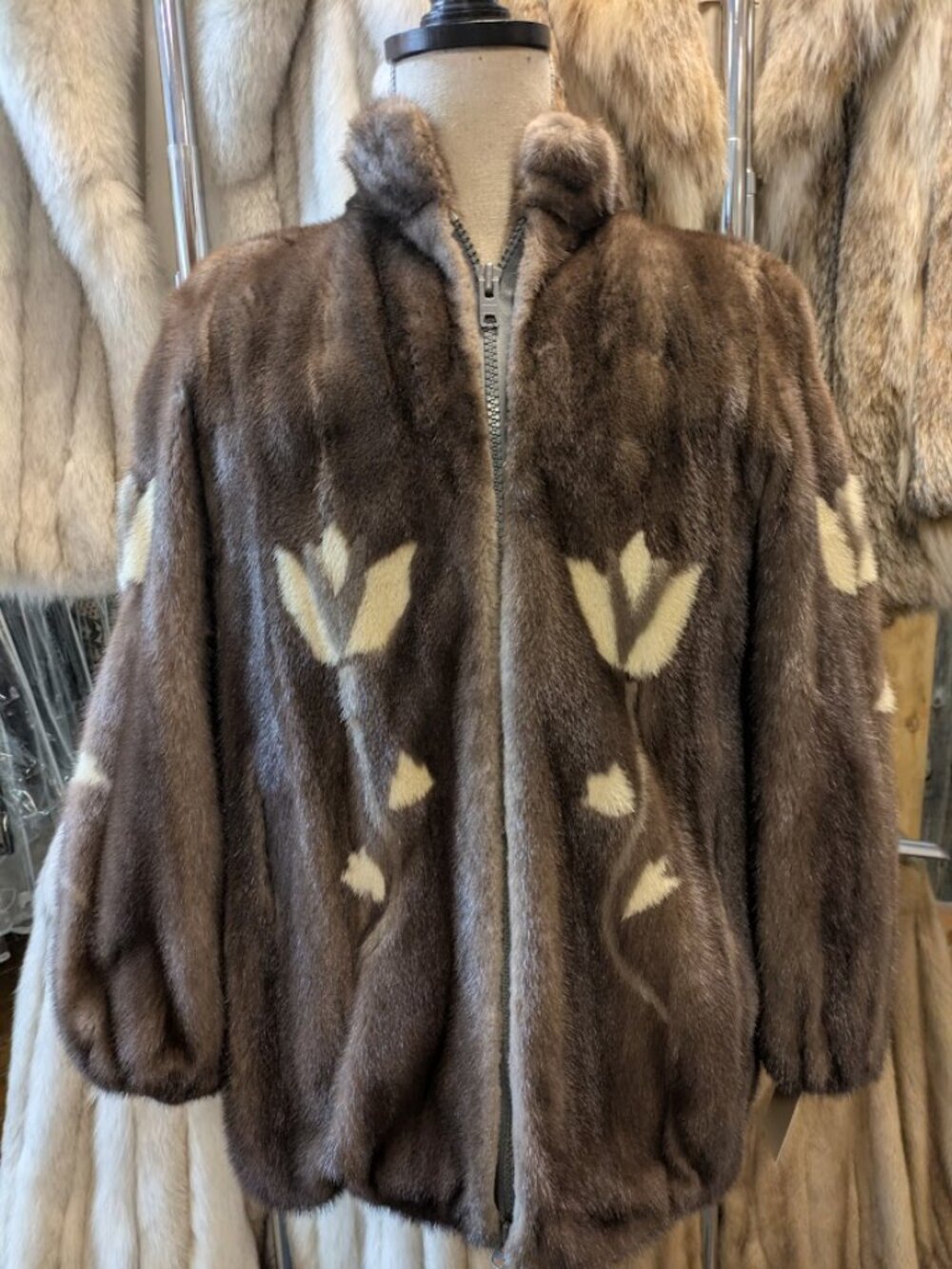 Stunning Blue Iris Mink Bomber with White Tulip Intarsia Design Medium